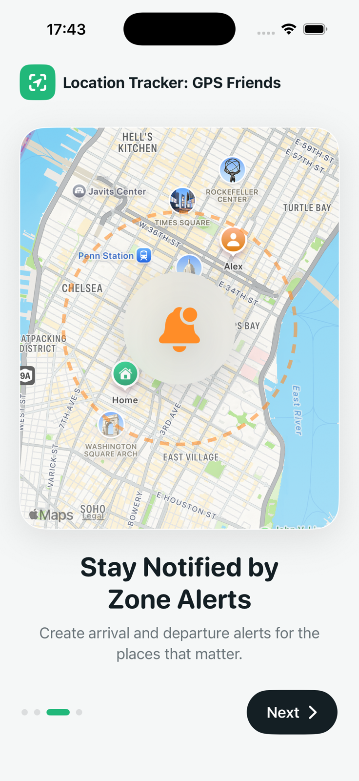 Location Tracker place alerts screen on iPhone