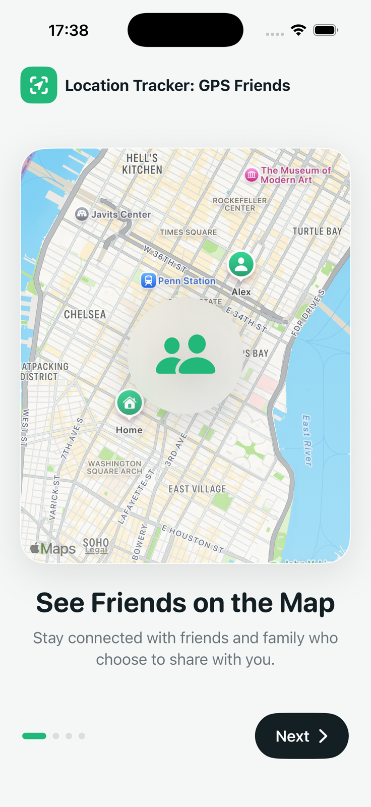Location Tracker app showing friends and saved places on an Apple map